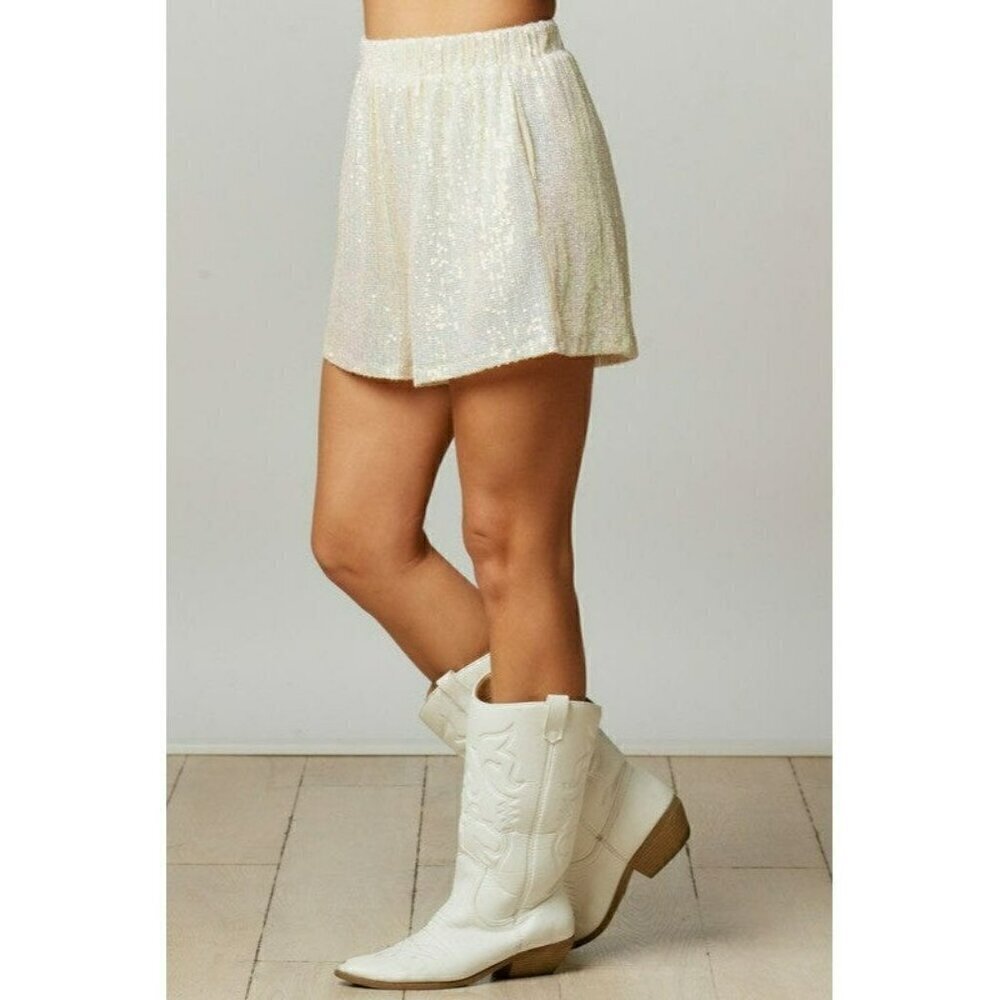 Making a Statement Sequin Sparkle Shorts in Pearl - Picture 3 of 10